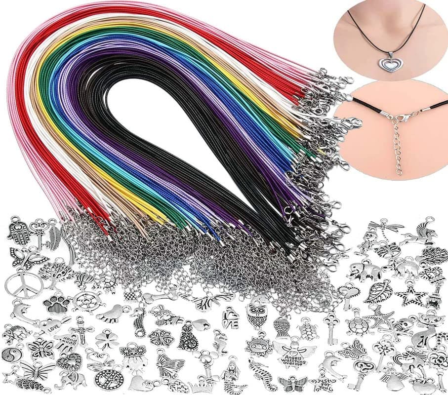 DIY Crafts 7 Pcs, Mix, Tibetan Pendant + Waxed Necklace Cord Bulk for Jewelry Making,Necklace Rope String with Clasp for DIY Bracelet Pendant, Multicolor (7 Pcs, Mix)
