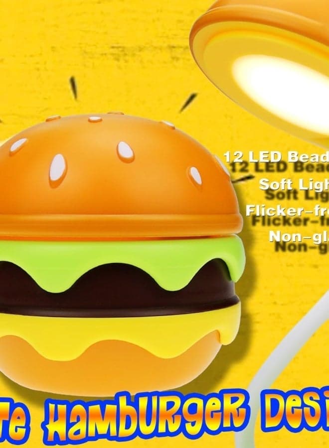 Cute Rechargeable Hamburger Desk Lamp for Kids with Adjustable Neck and Dimmable Touch Switch, Perfect Night Light and Room Decor for Boys and Girls