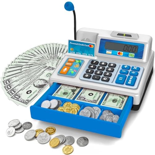 Calculator Cash Register - 103 Pcs Toy Cash Register, Store Set with Microphone, Credit Card and Banking for Kids, Early Math Skills Toys Gifts for 3, 4, 5, 6 7 8+ Years Old Boy Girl