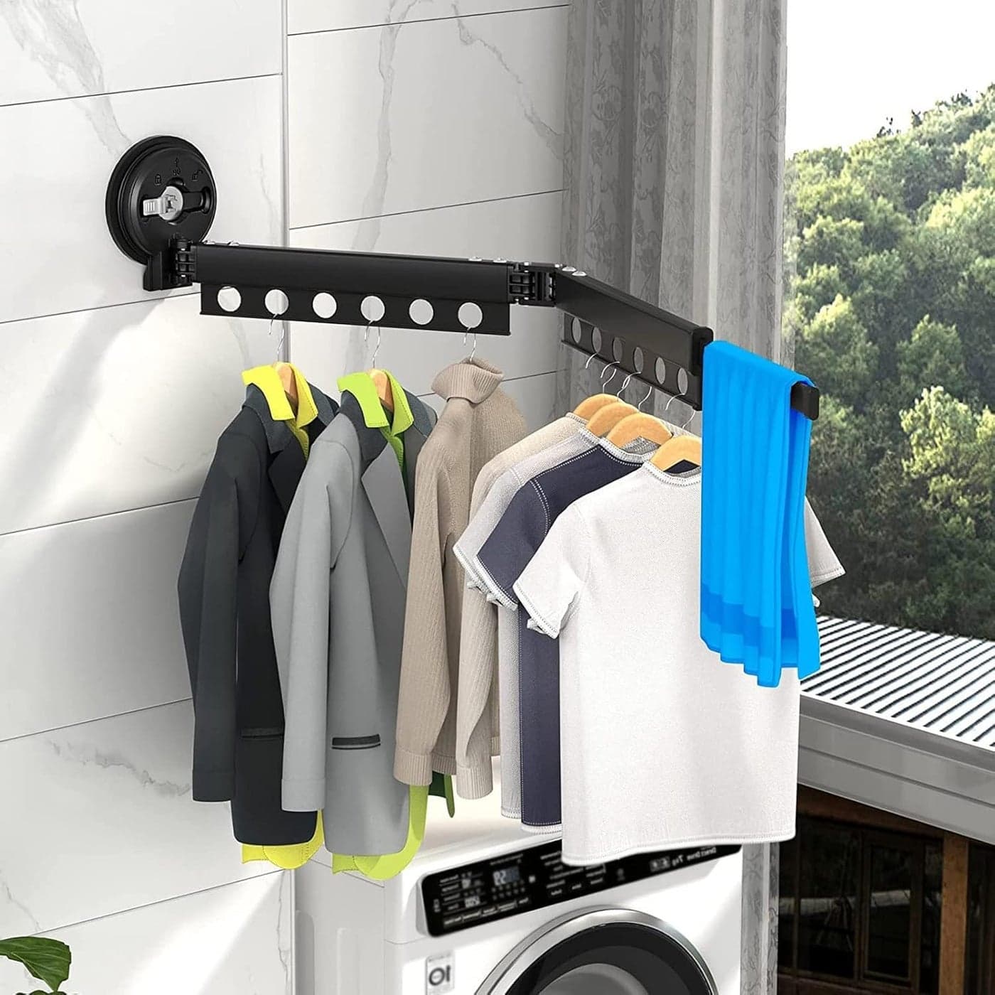Jukkre Aluminium Wall Mounted Premium Clothes Hanger Rack Retractable Clothes Drying Rack Folding Indoor Laundry Drying Rack Collapsible fold with 12 Hole Laundry Rack Black