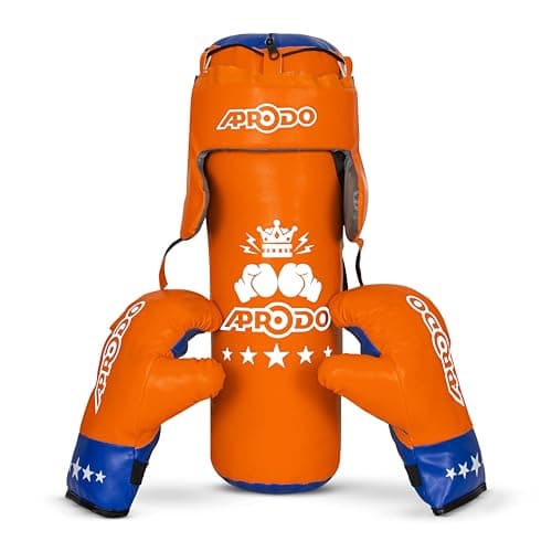 Aprodo Pack of 4 Kids Boxing Kit Set | Punching Bag for Karate | Bounce-Back Martial Arts Bag for Boys & Girls for Age 3 4 5 6 7 8 Years to Relieve Energy and Build Skills (Orange Blue)