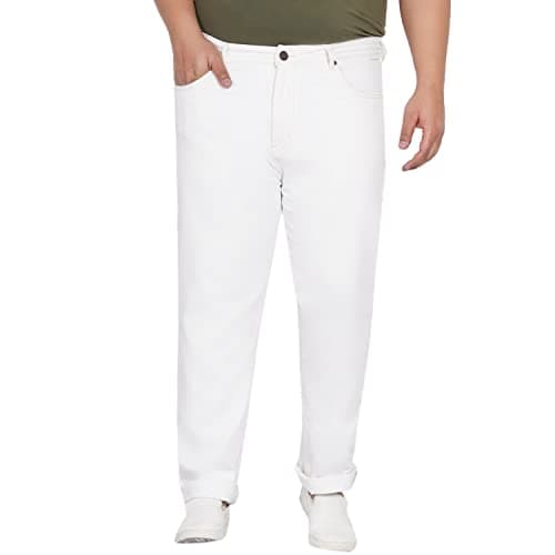 JOHN PRIDE Plus Size Men's Stretchable Mid-Rise Comfort Fit Clean Look White Cotton Jeans for Men