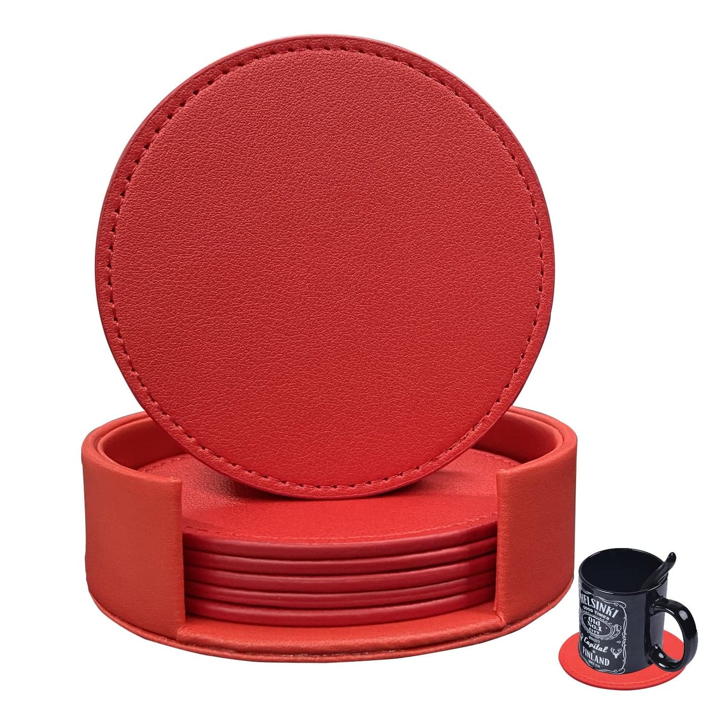 KEMMPER Coasters Set of 6 Soft Leather Drink Coaster Round Coaster with Sewing Around Suitable for Various Cups Wooden TablesHome Decoration4 InchesBright Red
