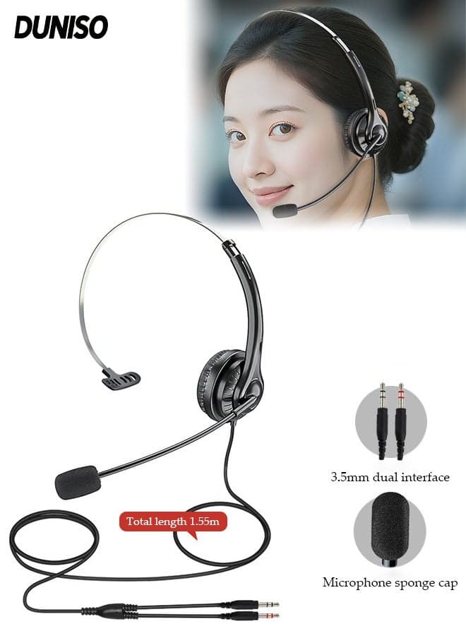 Single Ear Headset with Noise-Canceling Microphone,Single Ear Head-Mounted Headset with 2-In-1 3.5 MM Headphone Audio Cable,Wired One Ear Headset with Adjustable Headband,for PC Laptop, Tablet Scope of Application
