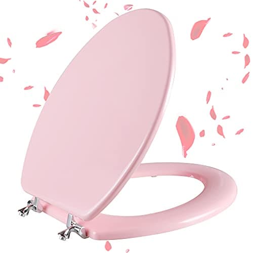 Pink Elongated Toilet Seat Natural Wood Toilet Seat with Zinc Alloy Hinges, Easy to Install also Easy to Clean, Scratch Resistant Toilet Seat by Angol Shiold (Elongated, Pink)