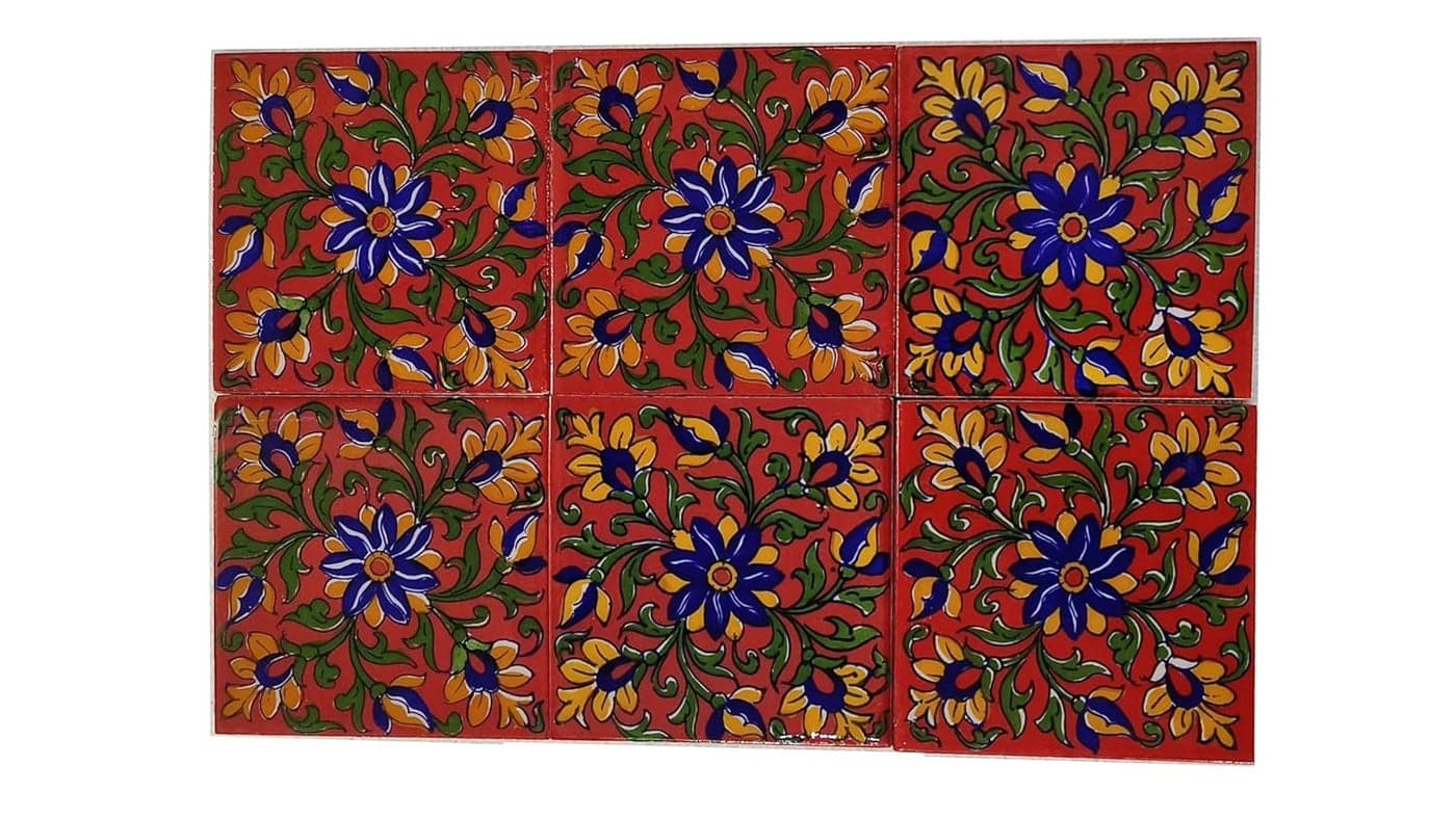 Shiv Kripa Blue Pottery Luxury Floral Decorative Crafted Tabletop Flooring Wall Interior Exterior Traditional 4 x 4 inch Tiles Pack of 6 Tiles Blue