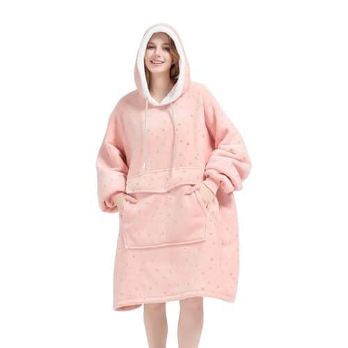 Qeils Wearable Blanket Hoodie for Women, Comfy Sherpa Sweatshirt Blanket as Birthday Christmas Gifts, Oversized Pullover Jacket Blanket Hoodie for Adult (Pink Foil Star, Adult)