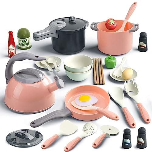 Bruvoalon 32Pcs Kids Play Kitchen Toys Set Toddlers Pretend Cooking Playset Acccessories with Pots Pans Utensils Cookware Foods Canned Veges Learning Gift for Kids Girls Boys Pink