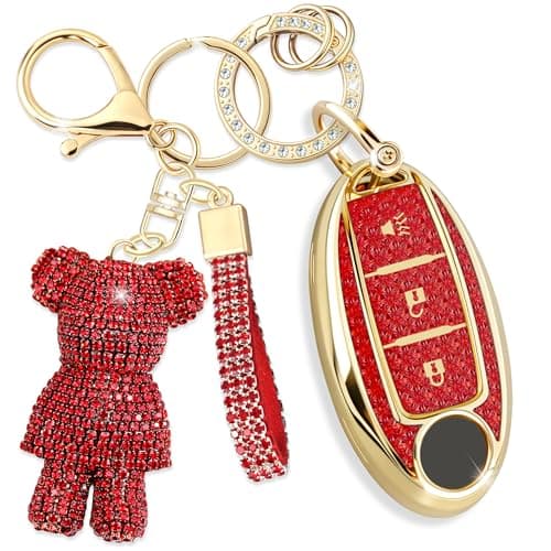 Rayslesan Cute Key Fob Cover with Rhinestone Bear Charm Bling TPU Smart Key Case for Women Compatible with Nissan Rogue Armada Pathfinder Versa Juke Quest Sentra Infiniti EX35 3Button Gold Red