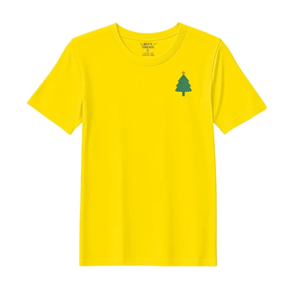 Threads Large Yellow Polycotton T-Shirt - Christmas "Simple Christmas Tree with Star" Embroidered Design, Premium Holiday Collection