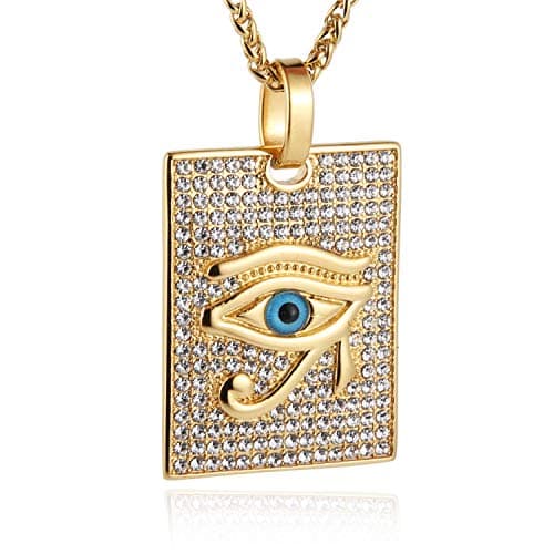 HZMAN 18k Gold Plated Iced Out Eye of Horus Egypt Protection Dog Tag Pendant Stainless Steel Necklace