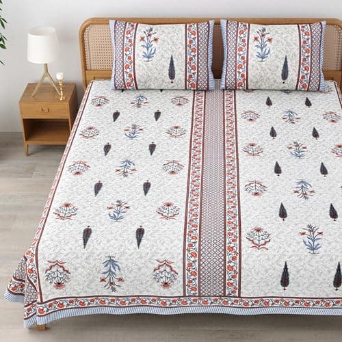Mafatlal Sanskriti King Size Bed Sheet Pure Cotton | 90 x 108 Inches | 144 TC | Traditional Jaipuri Chadar | Soft & Durable Fabric | Mecca Orange
