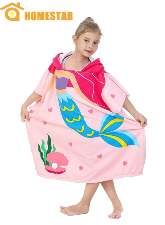 Soft Microfiber Bath Poncho for Children Aged 3–10 Years (Large Pink Mermaid)