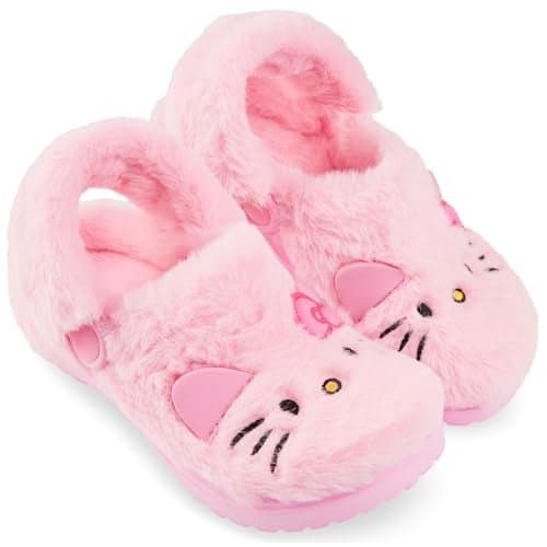 Hello Kitty Sanrio Faux Fur Clogs for Girls, US 10–3, Slip On Shoes, Kuromi Anti Slip House Slippers, Kawaii Gifts for Girls (13.5/1 US, Pink Hello Kitty)