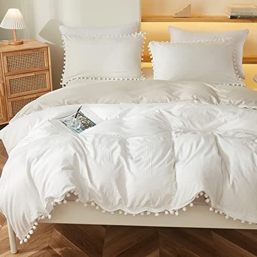 Bedbay White Duvet Cover Set Twin Size Boho Farmhouse Bedding Set Cute Pom Pom Fringe Aesthetic Room Decor for Girls Boys Ultra Soft Lightweight Preppy Bedding 2 Pcs (White&Beige,Twin)