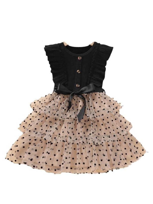 TAGAS Toddler Girls Polka Dot Ruffle Trim Belted Mesh Dress Floral Pattern Frock for Girls (KD-1015) (9-10 Years) Black