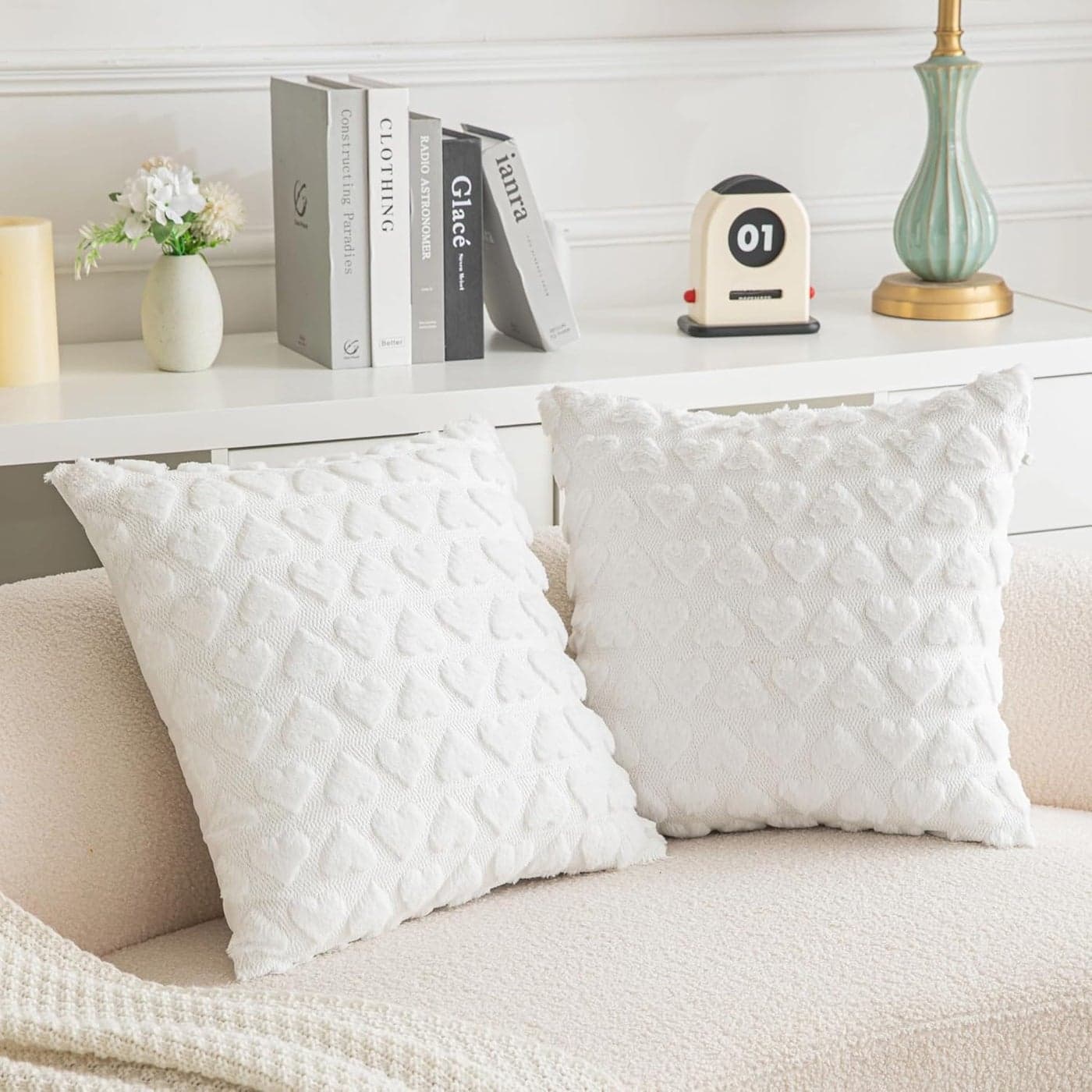 2 Pack Heart-Shaped White Plush Throw Pillow Covers 18x18, Soft Faux Fur Decorative Cushions for Couch & Home Decor
