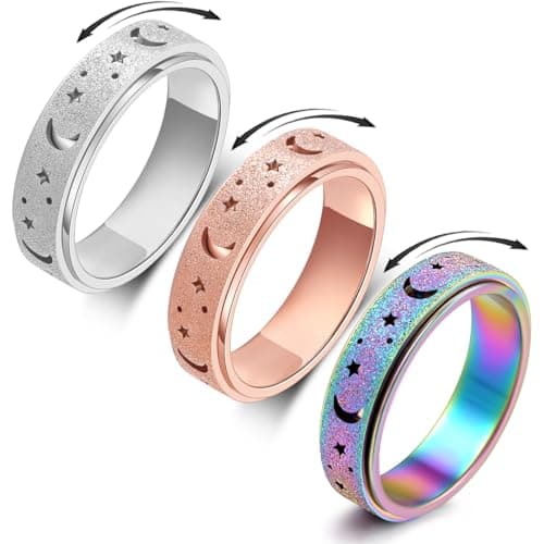 OreilleStar Anxiety Ring for Women Spinner Ring Fidget Ring Fidget Toys Adults Fidgit Ring Stainless Steel Thumb Rings Set Rose Gold Silver Rainbow Size 8
