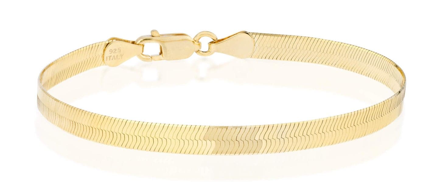 Miabella Italian Solid 925 Sterling Silver, 18K Gold Plated 4.5mm Flexible Flat Herringbone Link Chain Bracelet for Women, Made in Italy (yellow-gold-plated-silver, Length 7.5 Inches)