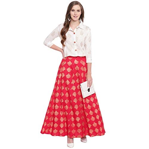 Stylum Women's Red Printed Rayon Blend Shirt Skirt Set (M)
