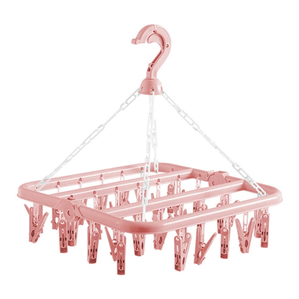 alladaga Clothes Drying Hanger with 32 Clips and Drip Foldable Hanging Rack Light Pink