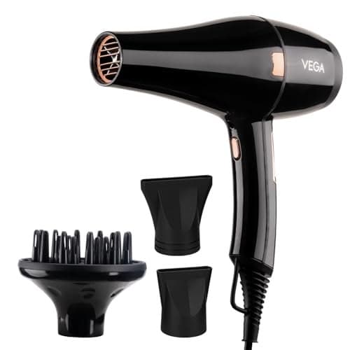 Vega Pro-Xpert 2200W Professional Hair Dryer for Women with 2 Speed/3 Heat Settings, Cool Shot Button, Diffuser & 2 Detachable Nozzles, Travel Friendly, (VHDP-03), 2000 Watts, Black