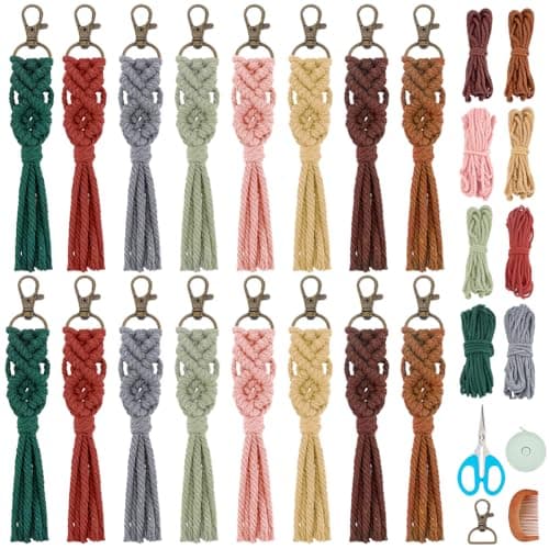 BEUNITONE 16Pcs Colorful Keychain Making Kit Adult Boho Macrame Cord Keychain Craft Kits with DIY Keychains Macrame Supplies Kits Key Chain Making Kit Easy Crafts for Adults Women Keychains Decor
