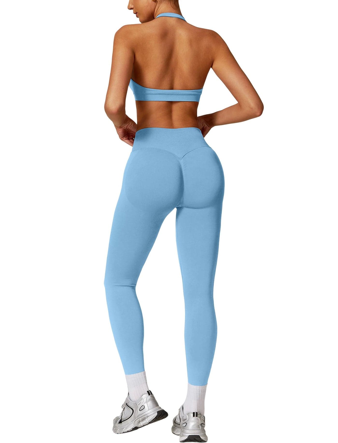 ABOCIW Workout Sets for Women Seamless Scrunch Butt Lifting Impact Leggings High Waist Yoga Pants Halter Sports Bra 2 Piece Gym Sets Ice Blue Small