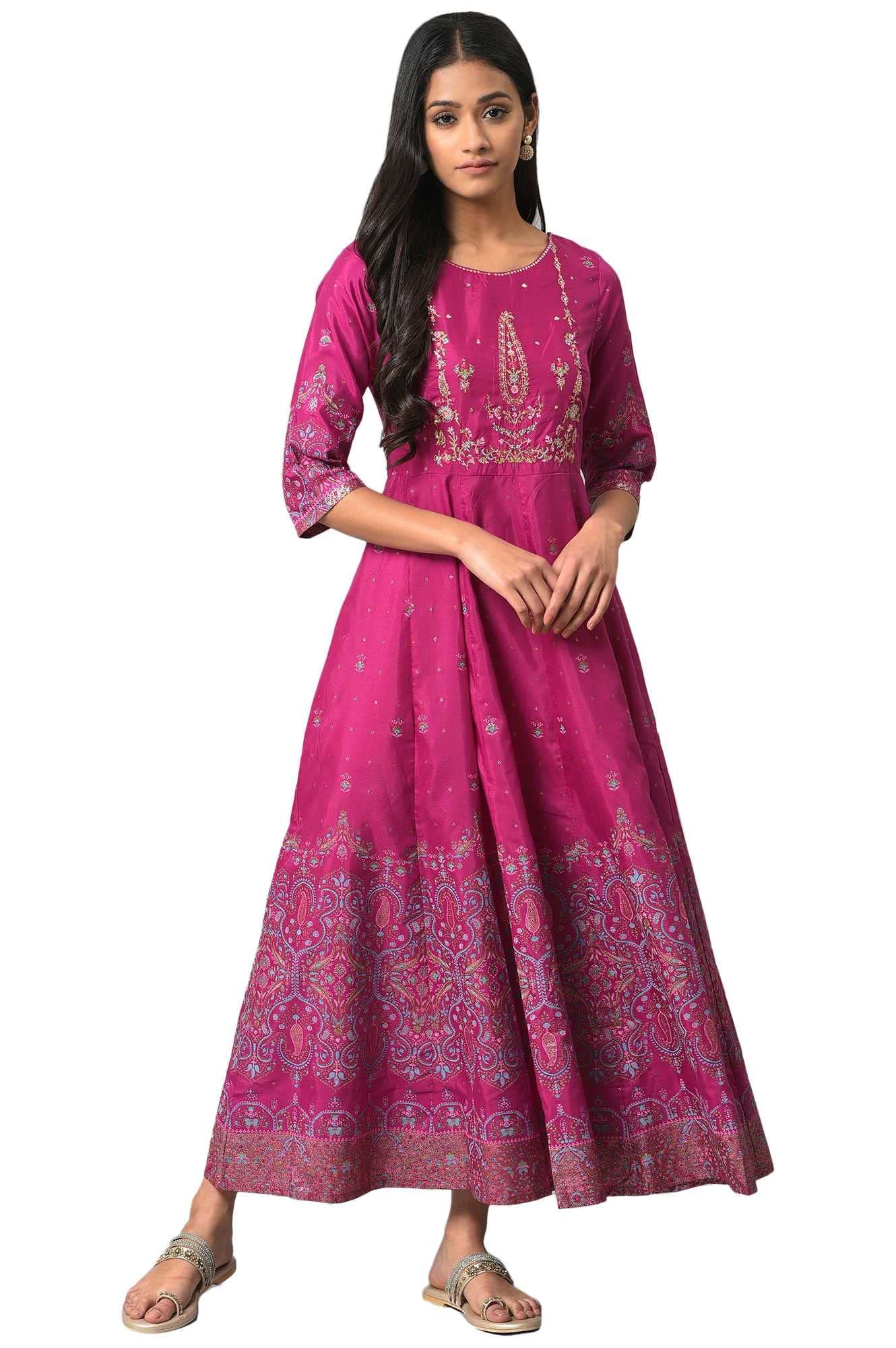 W Purple Embroidered Synthetic Glitter Maxi Dress for Women
