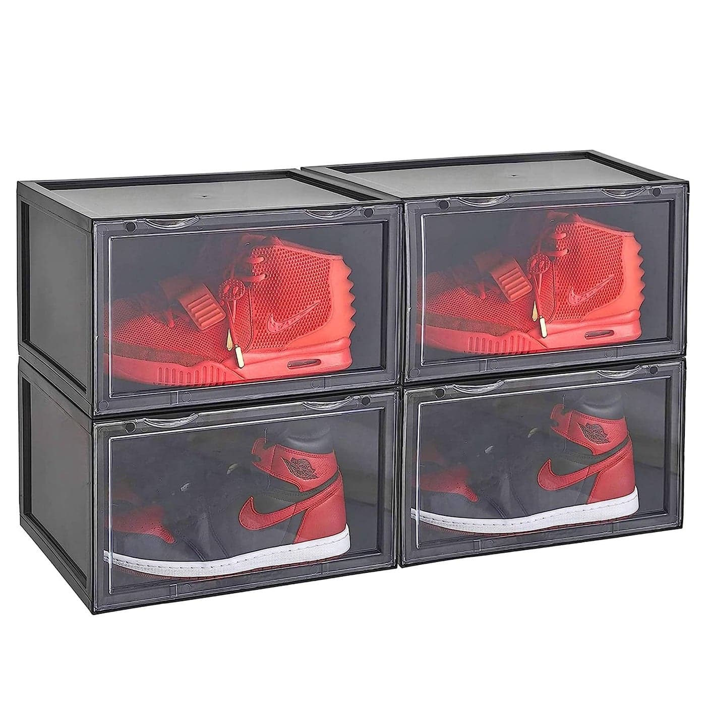 Foscadit Storage Shoes Box Stackable Clear Plastic Organizer for Sneakers Plastic Shoe Rack Side Drop Front Display Foldable Shoes Containers Black Pack Of 2