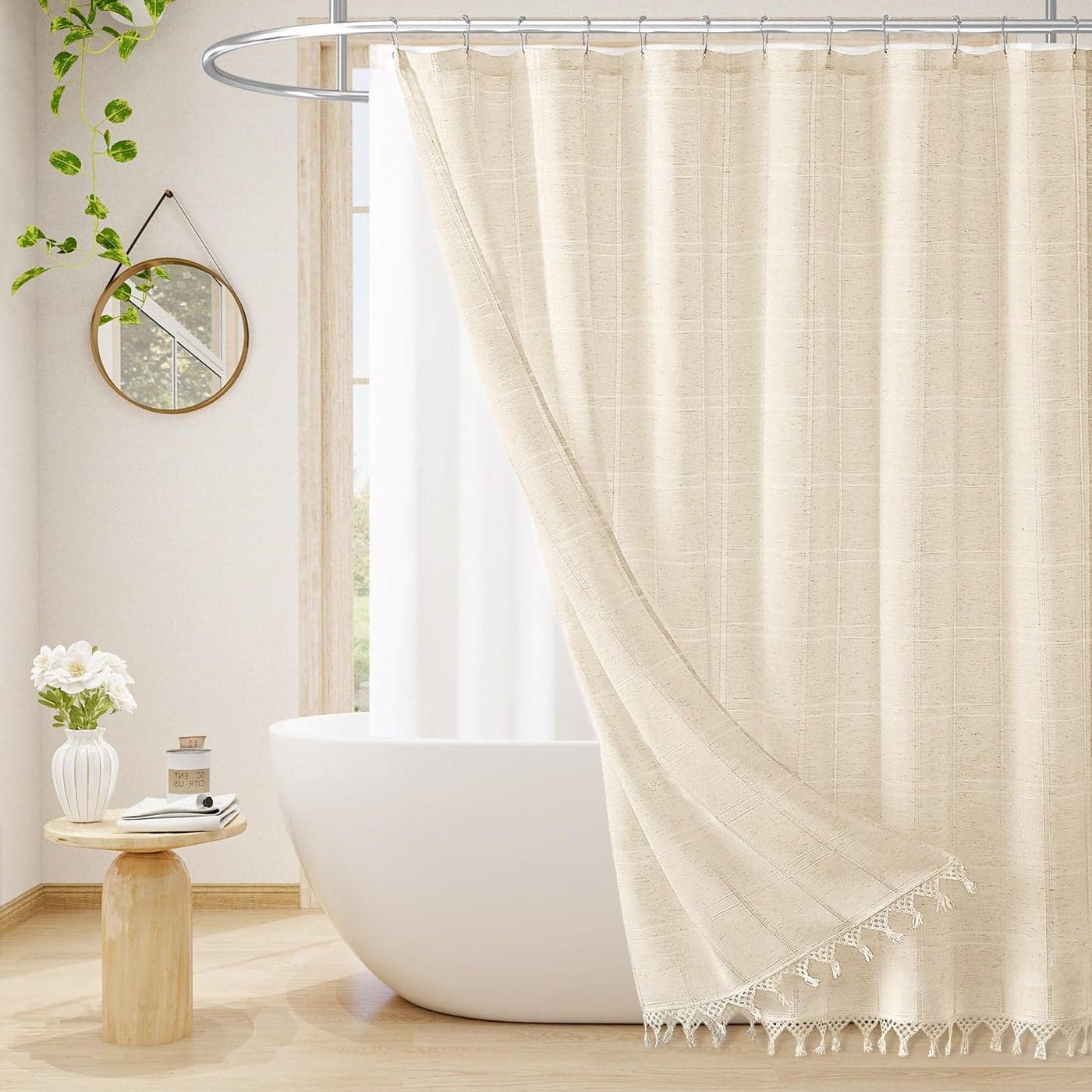 Craidlela Boho Farmhouse Shower Curtain Set with Tassel Modern Bohemian French Country Chic Bathroom Shower Curtain Set with PEVA Liner Linen Fabric Shower Curtain72x72 BeigeCream