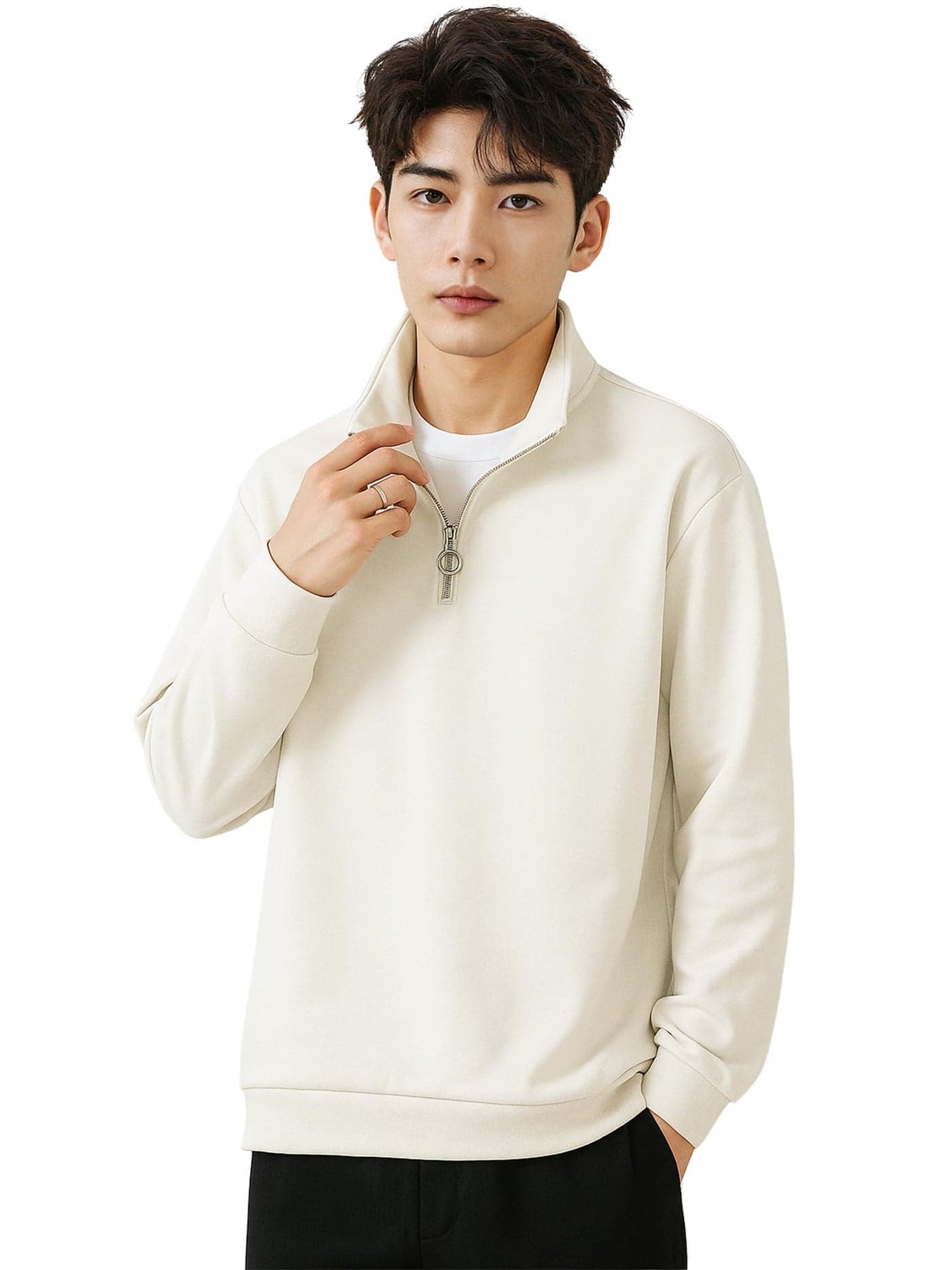 Jump Cuts Mens Solid Henley Neck Full Sleeve Cream Half Zipper LoopKnit Sweatshirt