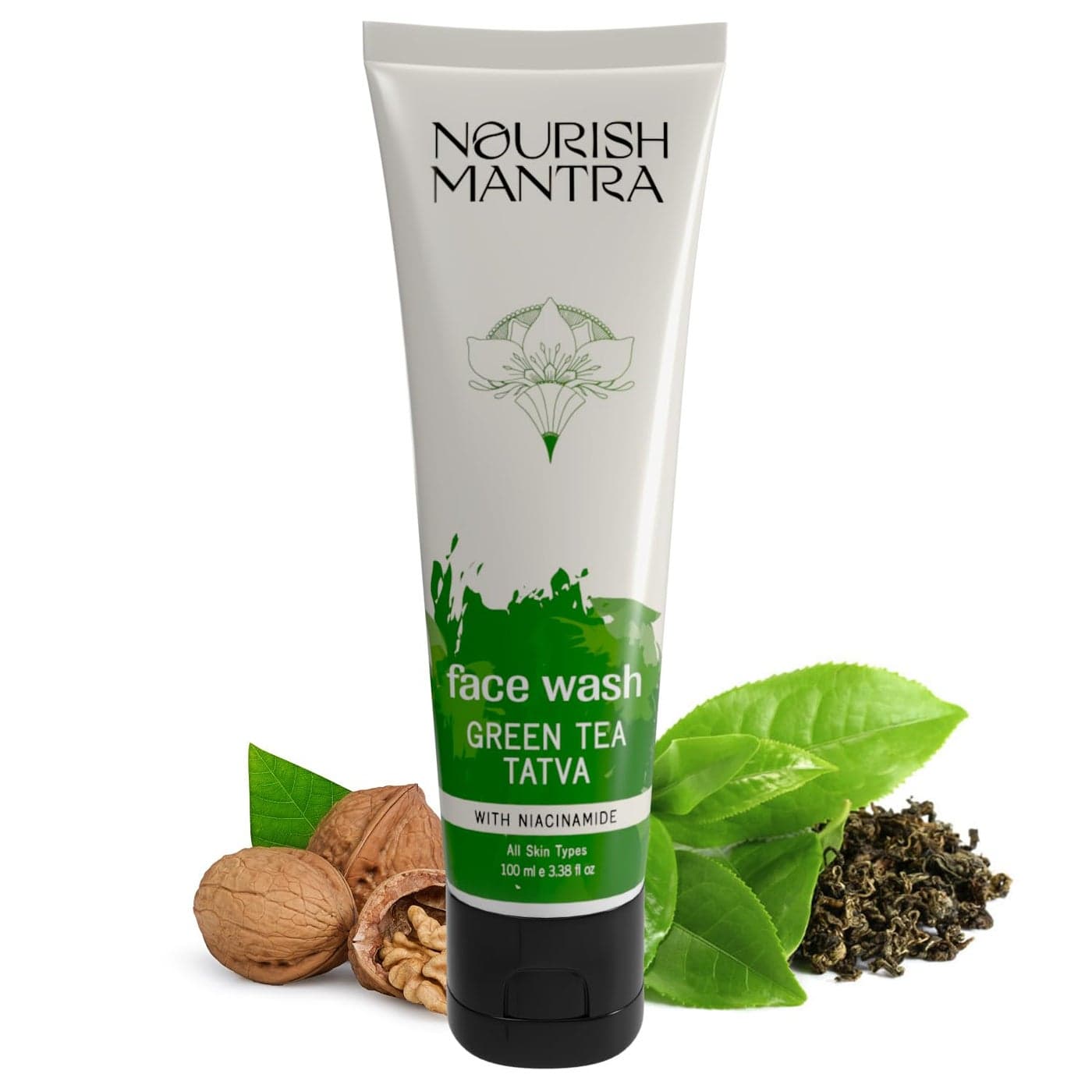 NOURISH MANTRA Green Tea Tatva Face Wash With Green Tea Walnut Powder Niacinamide For All Skin Types 2in1 Exfoliator Face Cleanser Paraben SLSSLES Free 100 ml