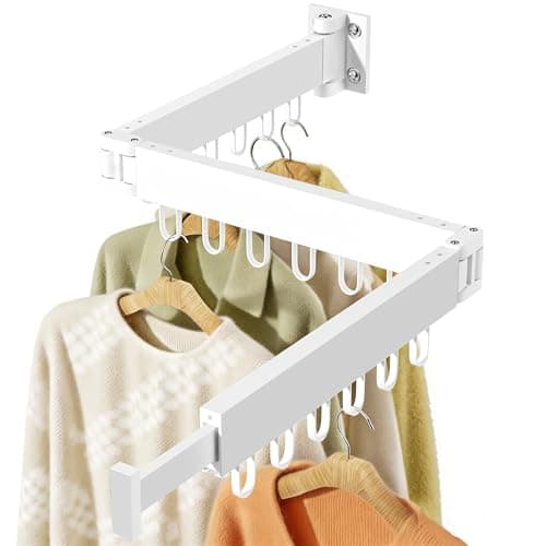 JAUREE Clothes Drying Rack Wall Mounted SpaceSaving Drying Rack Clothing Collapsible Foldable Retractable Laundry Rack with 18 Hooks IndoorOutdoor White