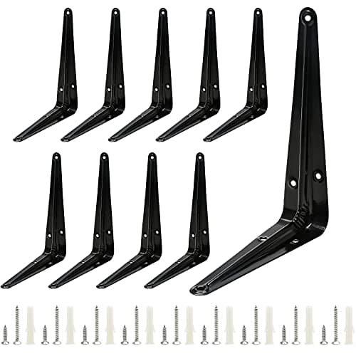 Uenhoy 10 Pack Shelf Brackets 6 Inch Heavy Duty Metal Floating Shelf Brackets, Black Corner Brace Wall Mount L Brackets for Shelves & Wood Boards, with Screws (6" x 5")