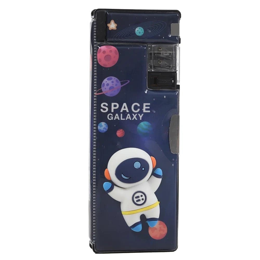 Two Compartments Cartoon Printed Pencil and Pen Storage Box with Two Attached Sharpener- Black