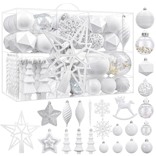 SHareconn 100pcs Christmas Tree Decorations Ornaments Set Shatterproof Plastic Baubles Decorative Balls for Xmas Tree Decor Holiday Wedding Party White