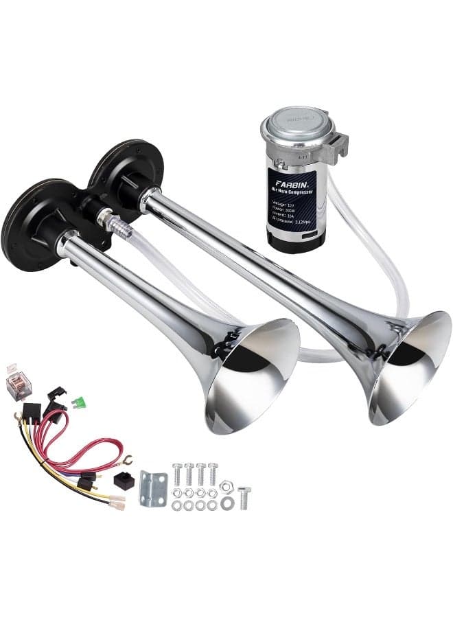 FARBIN Car Horn 12V 150db Super Loud Air Horn, Chrome Zinc Dual Trumpet Air Horns, Truck Horn with Compressor and Wire Harness