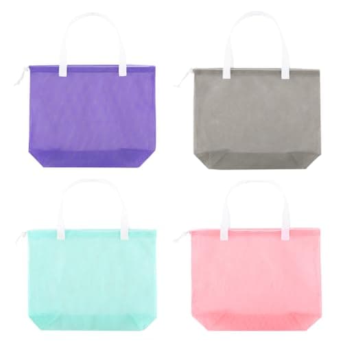 hsmyank 4Pieces Cute Mesh Pool Tote Bags,Mesh Beach Bags With Drawsting For Swim,Travel,Party, White Handle, 16.5Wx15Lx4.3H inch