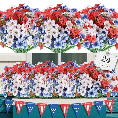 AGIRL 24 Bundles Artificial Flowers for OutdoorNo Fade Fake Plastic Flowers for Garden Porch Window Box HomeRed White Blue Faux Plants for 4th of July Memorial Day Independence Day Patriotic Decor