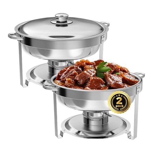 IMACONE Chafing Dish Buffet Set of 2 Pack, 5QT Round Stainless Steel Chafer for Catering, Upgraded Chafers and Buffet Warmer Sets with Food & Water Pan, Lid, Frame, Fuel Holder for Event Party Holiday