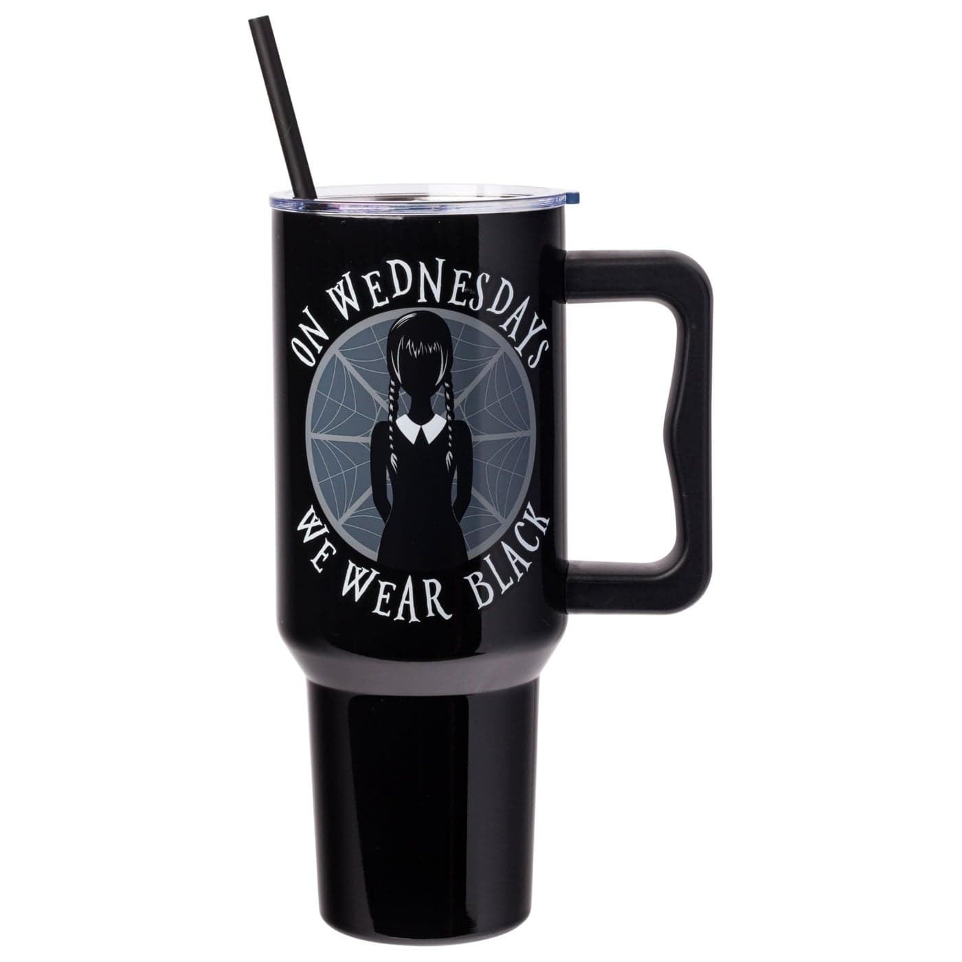 Silver Buffalo The Addams Family Wednesday On Wednesdays We Wear Black Stainless Steel Tumbler with Handle and Straw Fits in Standard Cup Holder 40 Ounces