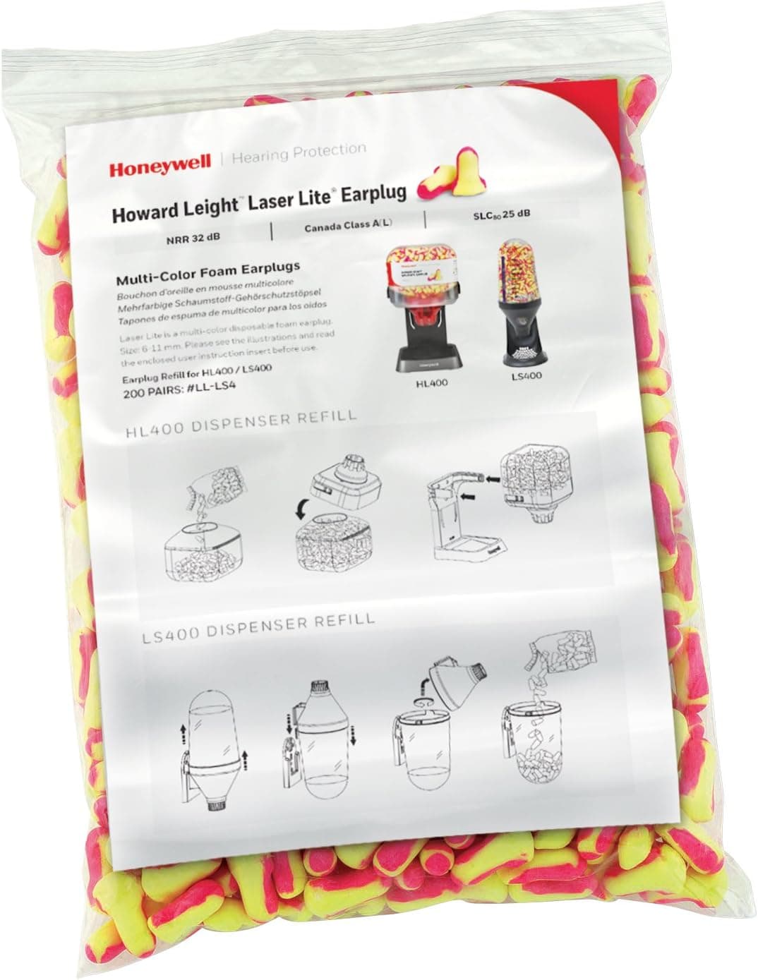 Howard Leight Laser Lite Hi-Visibility Earplug Refill for HL400 Dispenser, 200 Pairs (LPF-LS4-REFILL), Yellow/Magenta