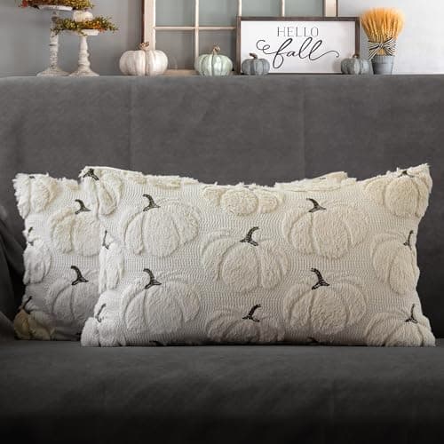 4TH Emotion Fall Pumpkins Decorative Lumbar Pillow Covers 12x20 Set of 2 Beige Soft Plush Faux Fur Wool Farmhouse Throw Cushion Cases for Autumn Thanksgiving Holiday Home Decorations
