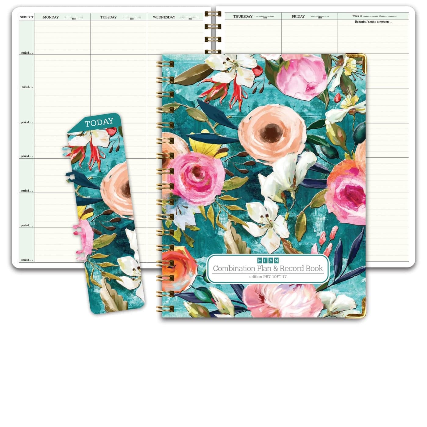 Elan Publishing Company HARDCOVER Combination Plan and Record Book One efficient 85 x 11 Book for Lesson Plans and Grades Combines W101 and R1010 with Bonus Clipin Bookmark Teal Floral