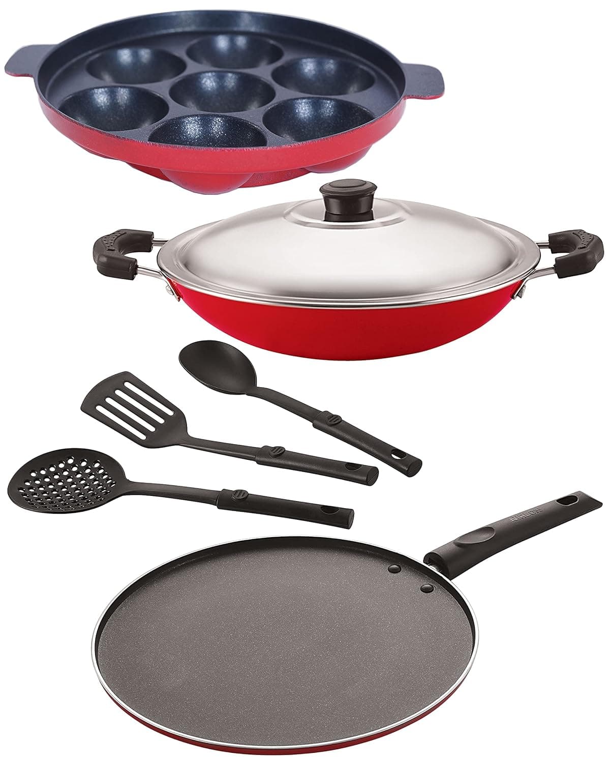 Nirlon Aluminium Nonstick Coated 6 Pcs Set of Appam7 CavityAppa Chatti225cmSmart Tawa265cm 3 Spoon 26mm_AP7_AC_ST11_3SPN