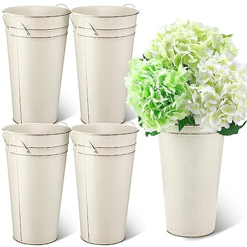Irenare 12 Inch Vintage Galvanized Flower Bucket Metal Flower Vase Farmhouse French Bucket Planter Metal Floral Container for Party Table Centerpiece Weddings HomeWhite4 Pcs