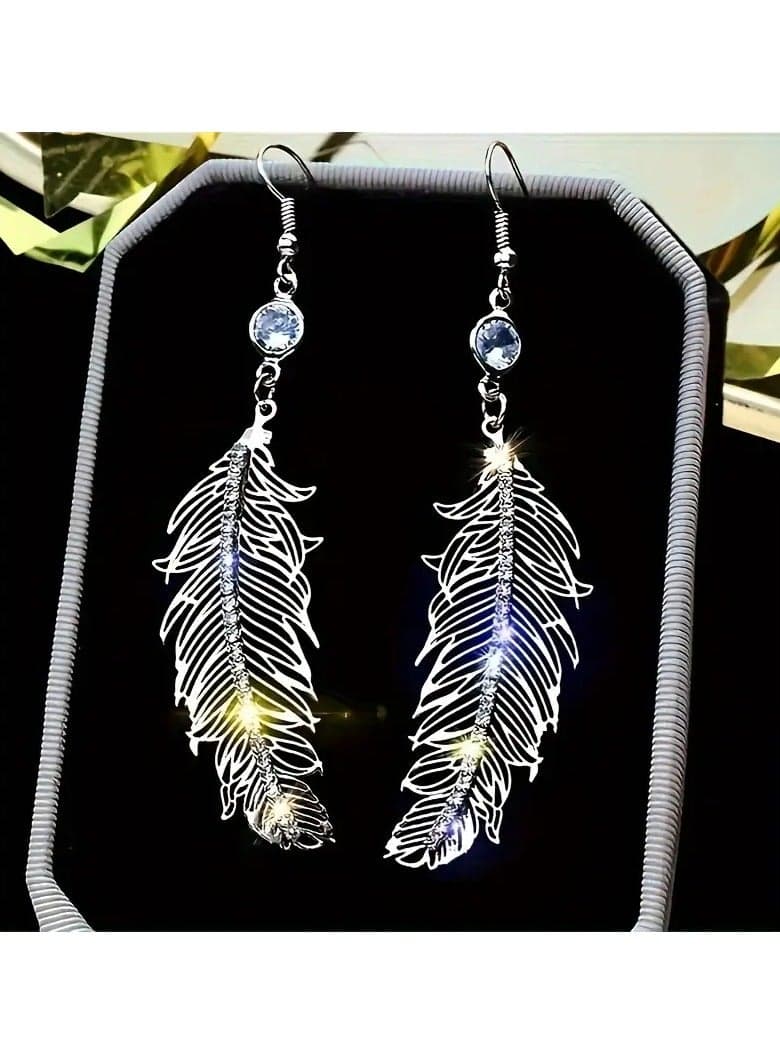 Elegant Long Feather Earrings With Crystal Pendants, Ladies' Wedding Engagement Earrings, Birthday And Valentine's Day Gifts For Friends