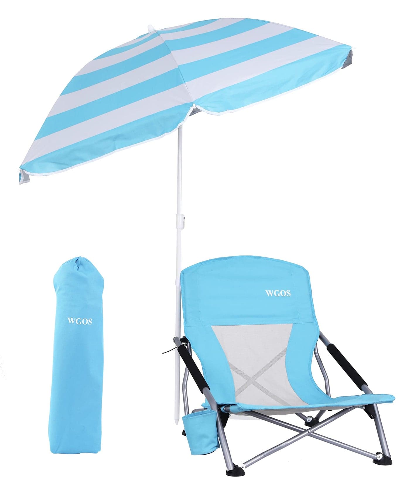 WGOS Beach Chair Low Beach Chairs for Adults Beach Chair with Folding Chair Detachable SPF 50 Umbrella Armrests Cup Holder Portable Sand Chair for Beach 1Pack Blue