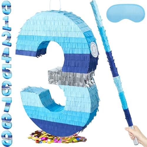 PCFING 20 Inch Number 3 Piata Blue Silver with 30 Inch Piata Stick Blindfold Confetti for Boys Girls Adults Birthday Party Decorations Anniversary Celebration Fiesta